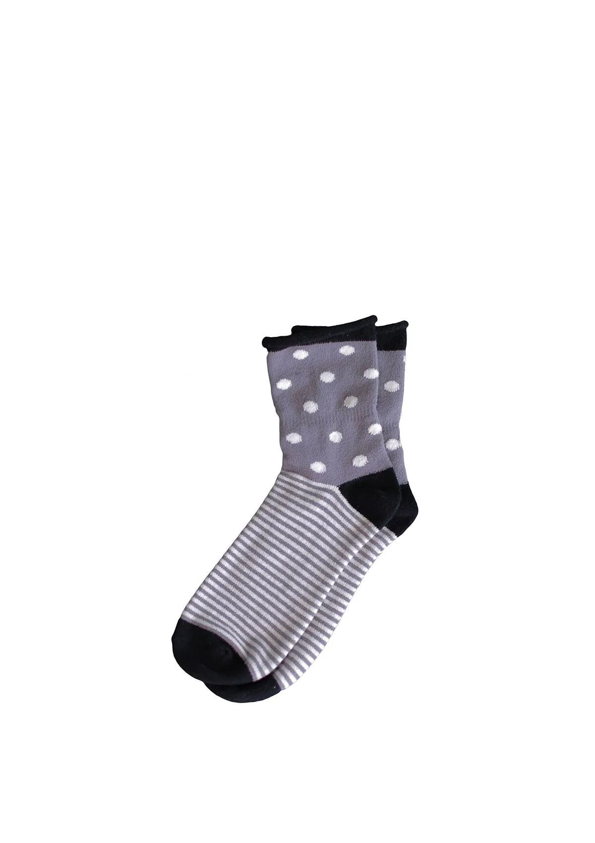 Grey Striped/Dot Thin Rolled Fleece Socks