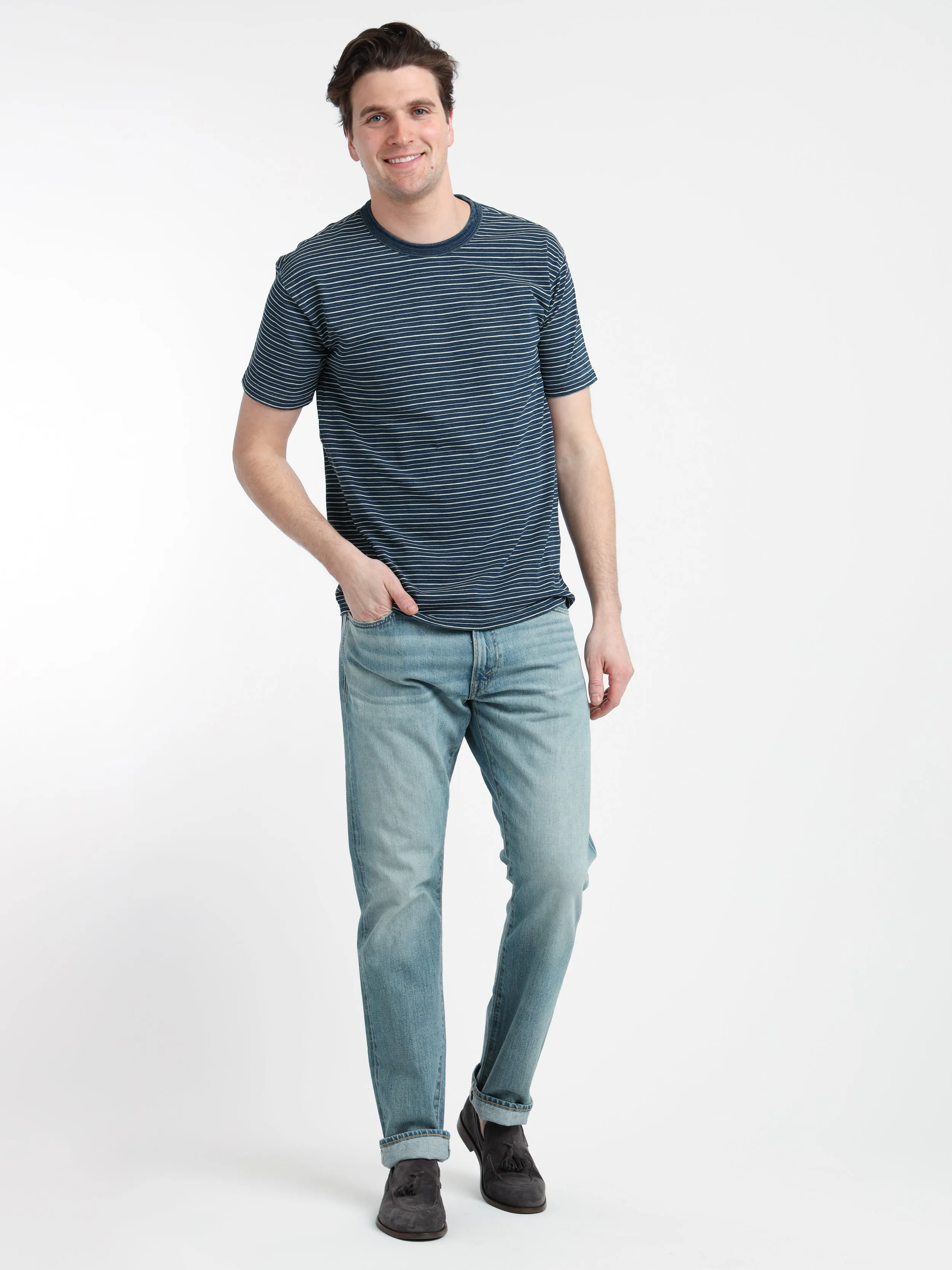 Indigo Striped Jersey Crewneck T-Shirt