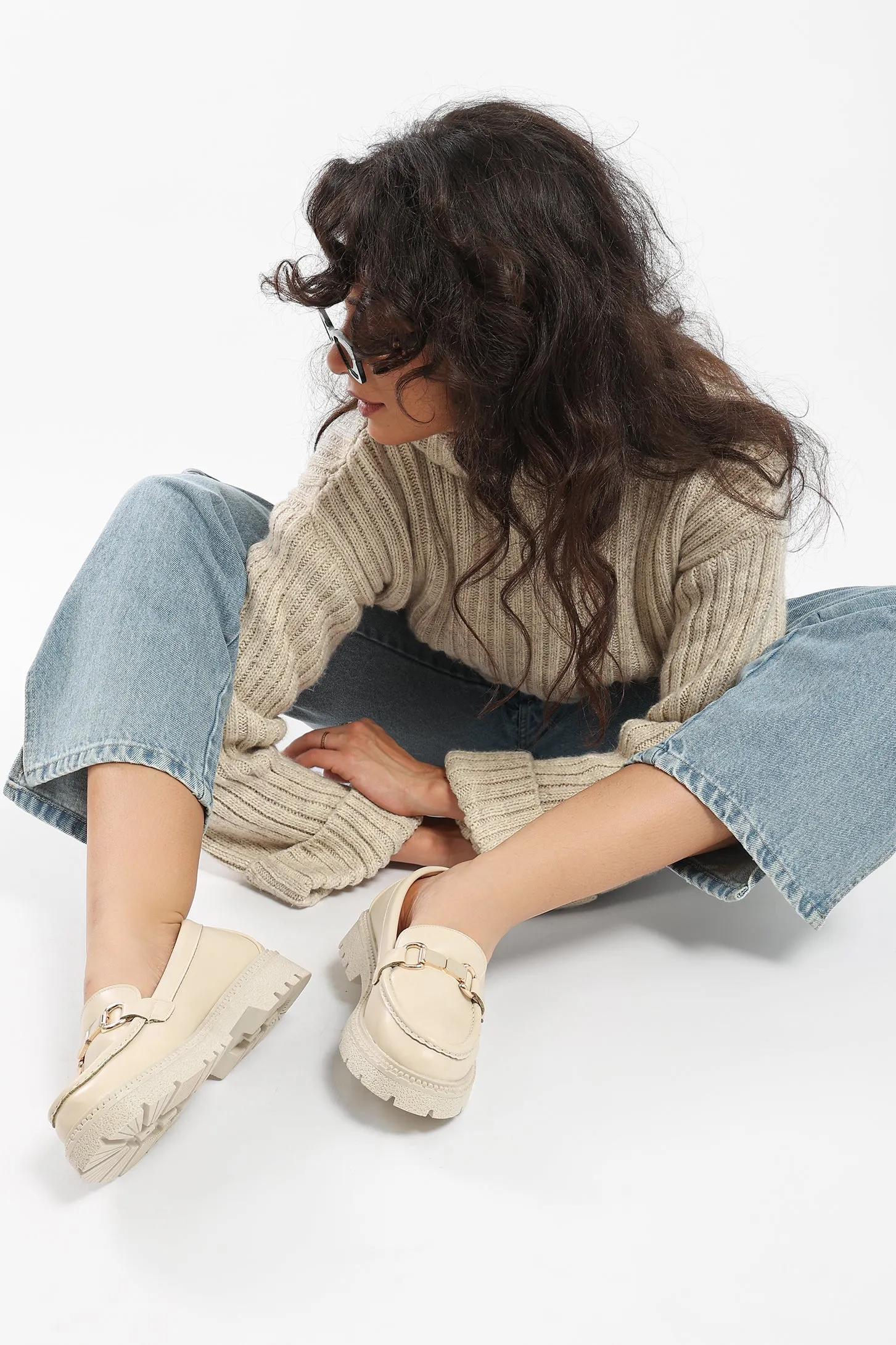 Loafers - Chunky Heels - Chain Detail - Beige