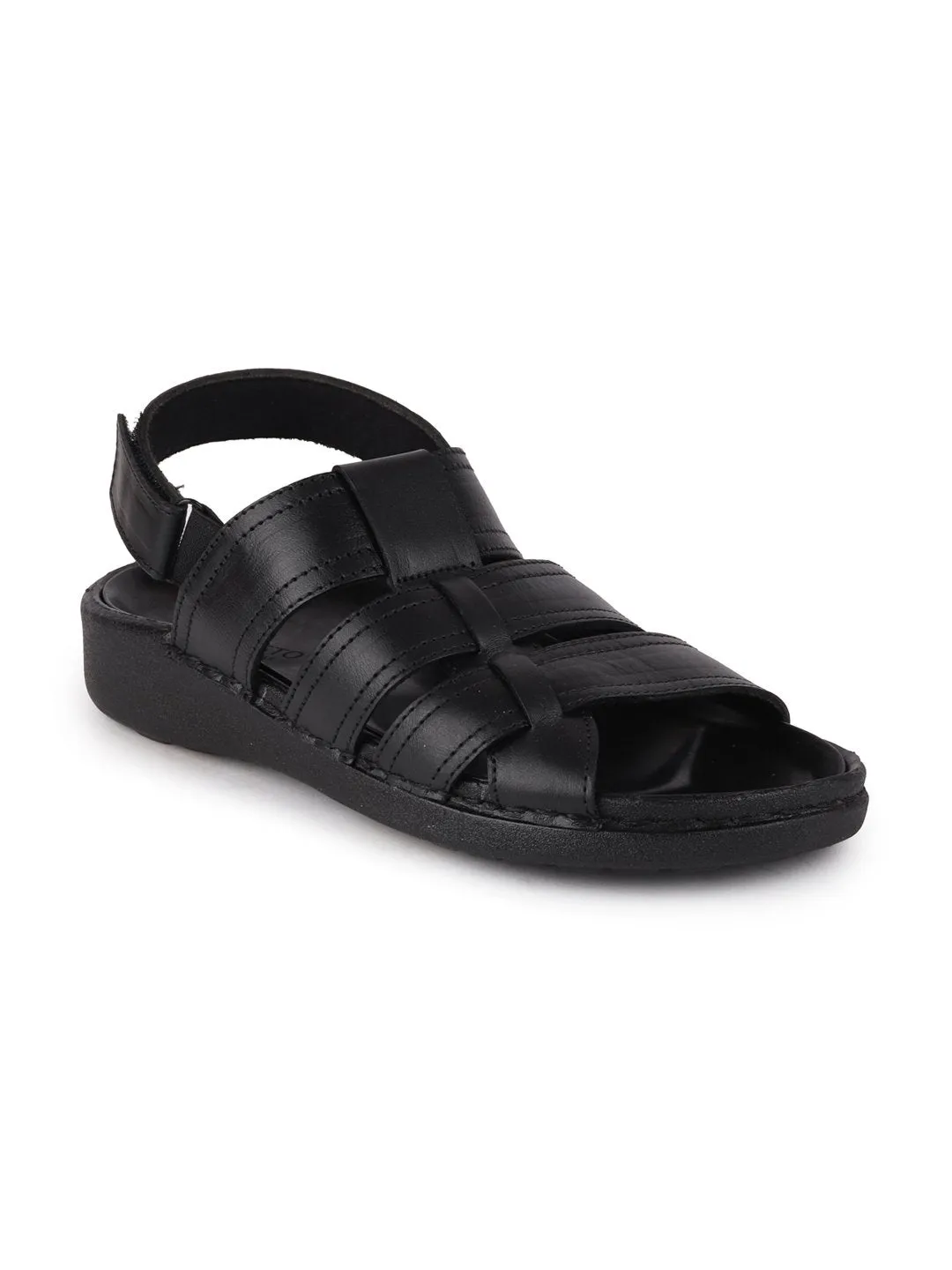 Men Black Formal Leather Hook & Loop Flat Sandals