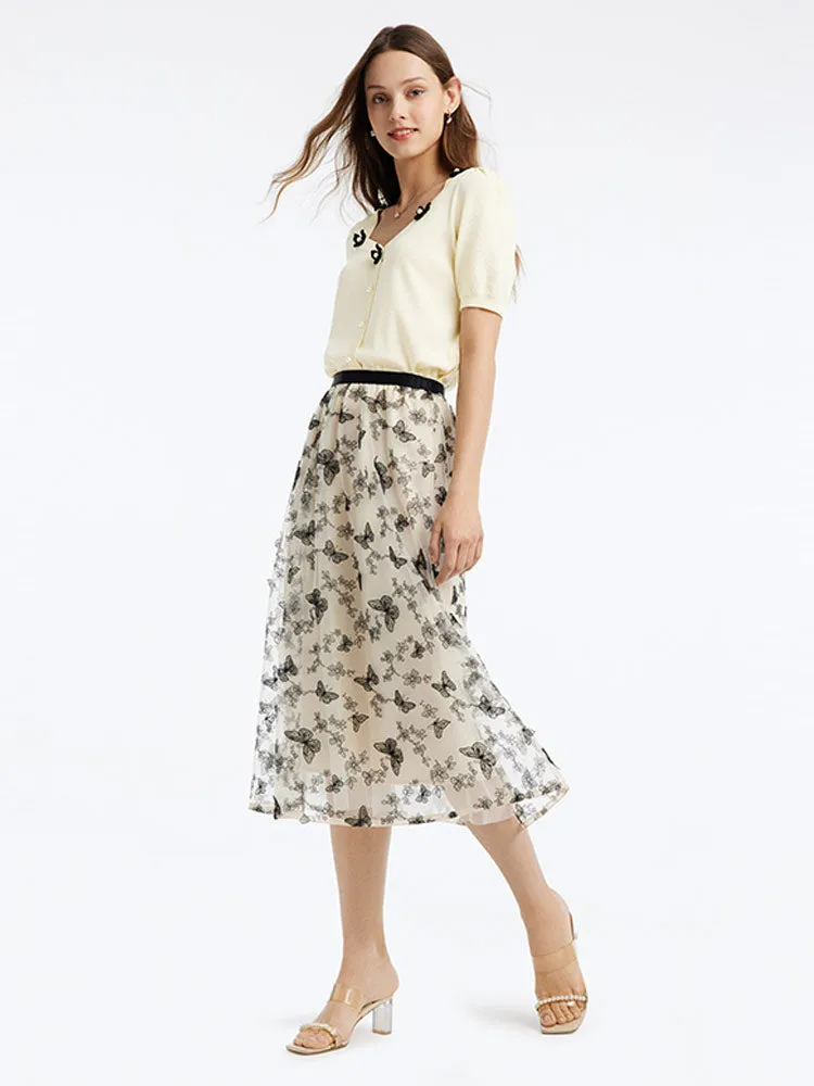 Mesh Embroidery Mid-Calf Women Skirt