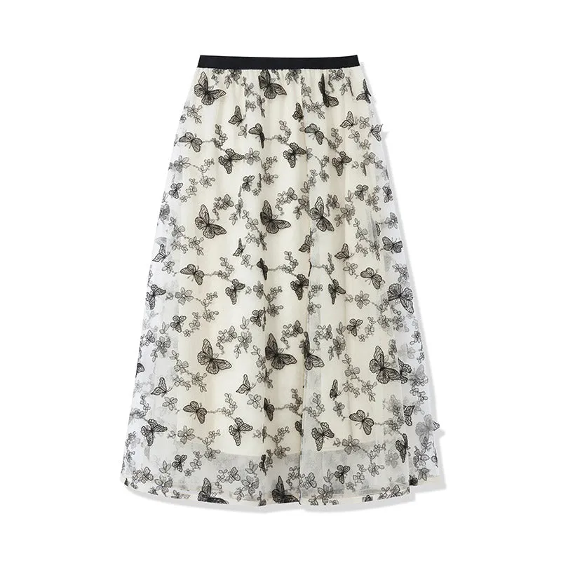 Mesh Embroidery Mid-Calf Women Skirt