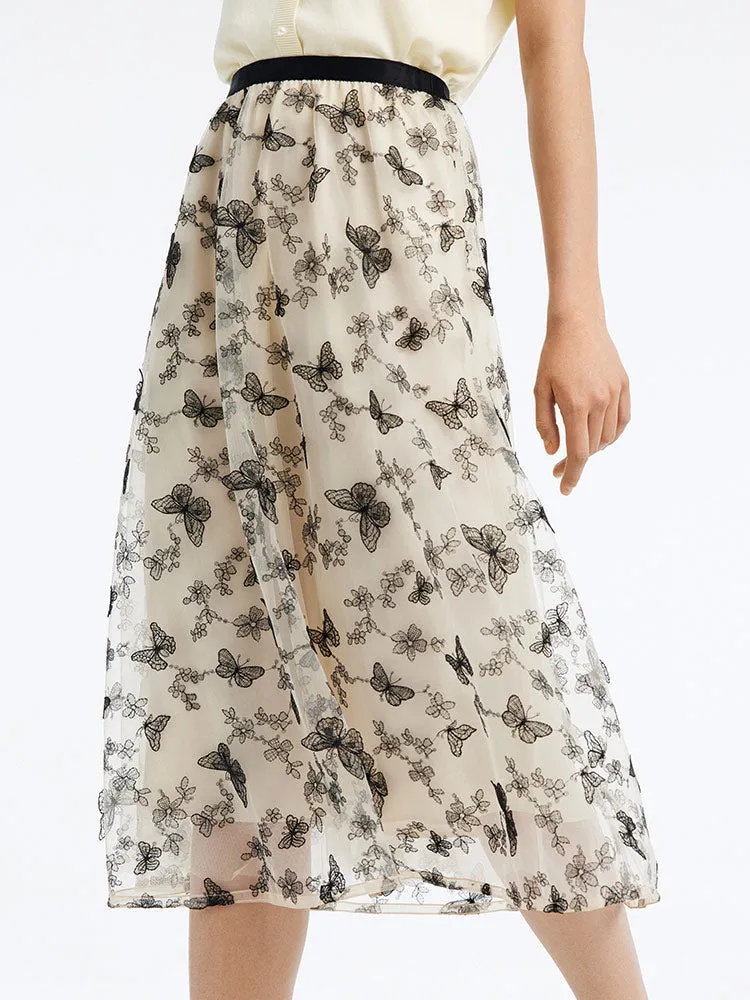 Mesh Embroidery Mid-Calf Women Skirt