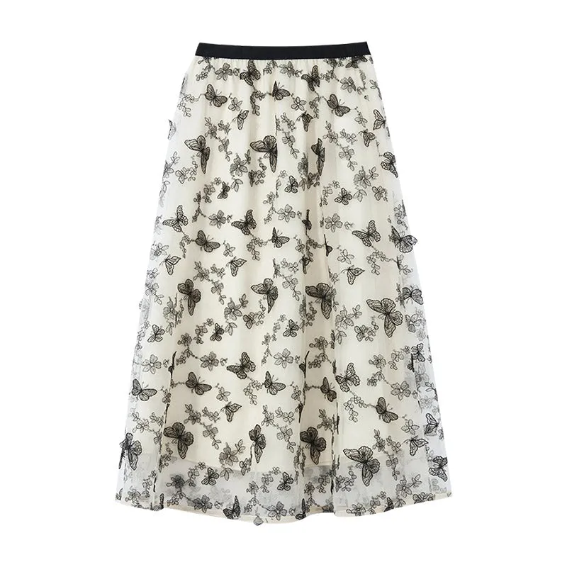 Mesh Embroidery Mid-Calf Women Skirt