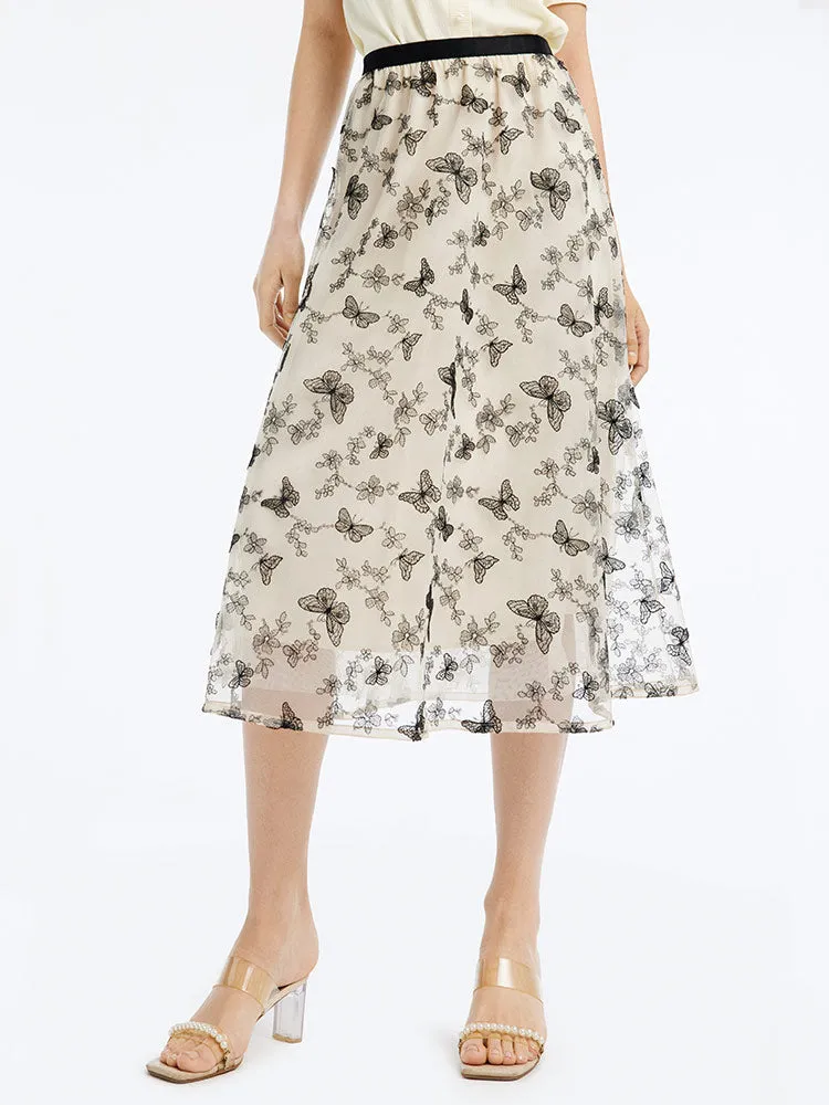 Mesh Embroidery Mid-Calf Women Skirt