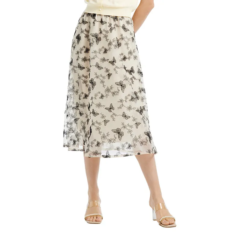 Mesh Embroidery Mid-Calf Women Skirt