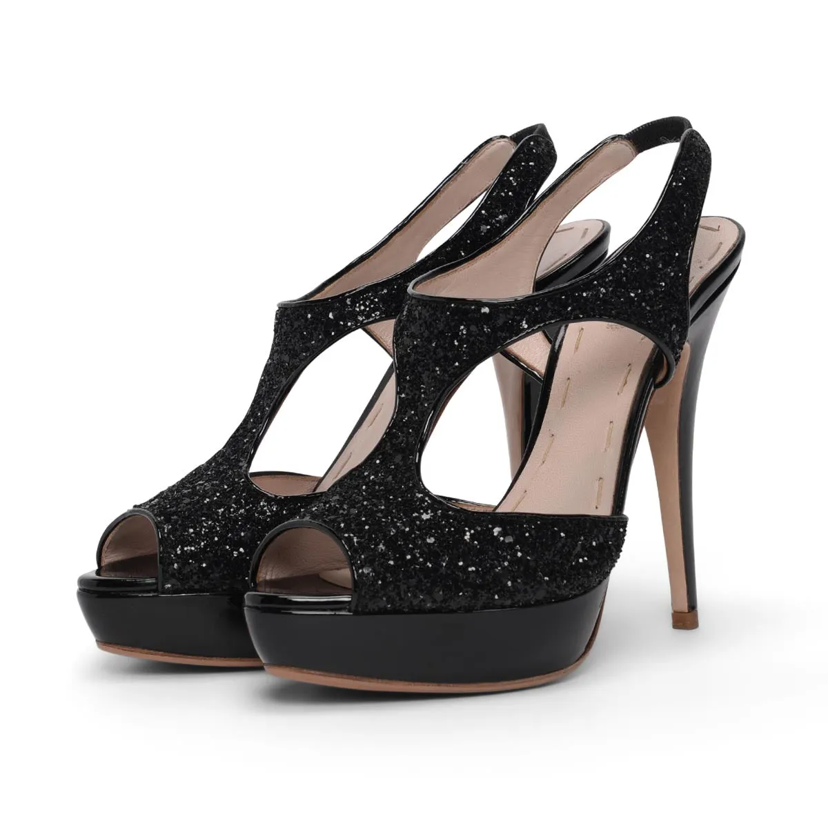 Miu Miu Black Patent Glitter T-Bar Sandals 39