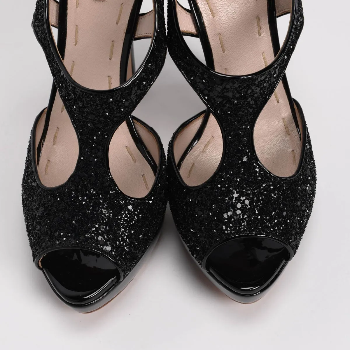 Miu Miu Black Patent Glitter T-Bar Sandals 39