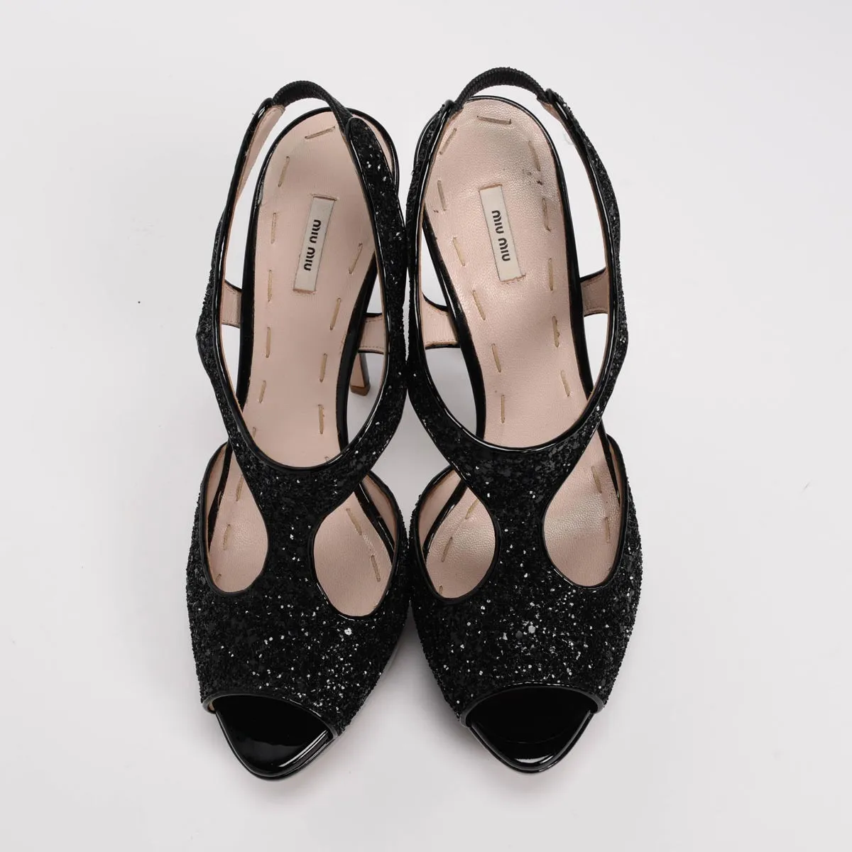 Miu Miu Black Patent Glitter T-Bar Sandals 39