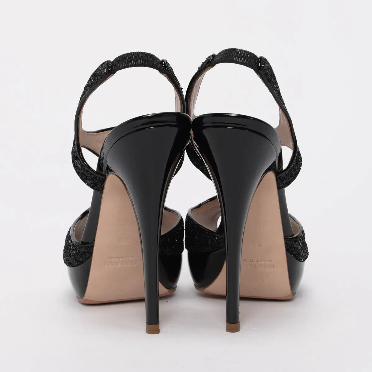 Miu Miu Black Patent Glitter T-Bar Sandals 39