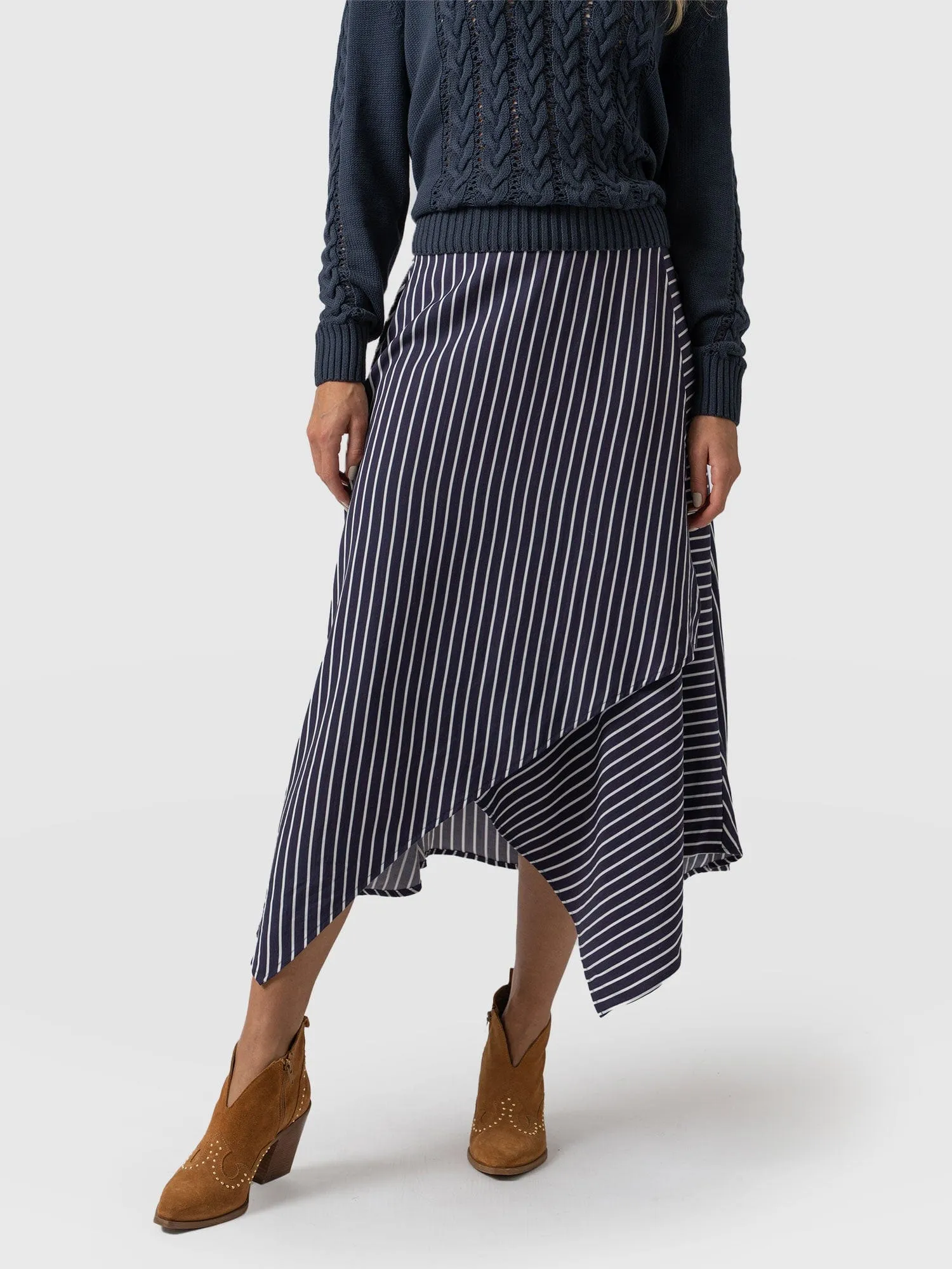 Oxford Wrap Skirt - Navy Mini Stripe