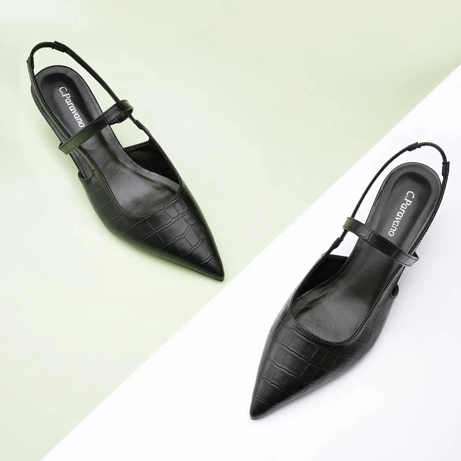 Pointed Toe Print Slingbacks (Helen) Black