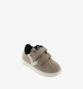 Taupe split leather sneaker with white V detail