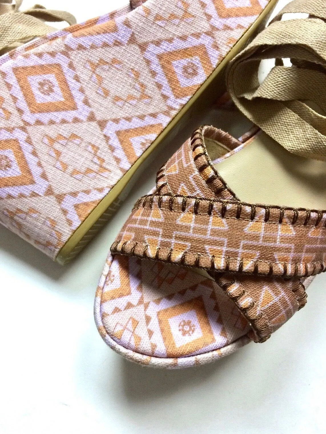 Theodora & Callum Size 40 (9/9.5) Pink & Tan Wedge Sandals NWOB