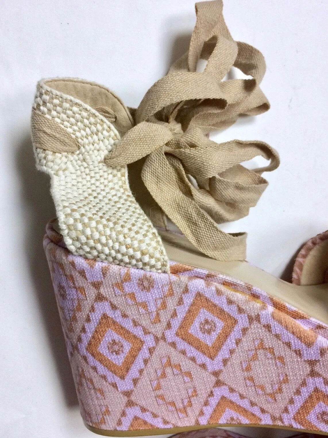 Theodora & Callum Size 40 (9/9.5) Pink & Tan Wedge Sandals NWOB