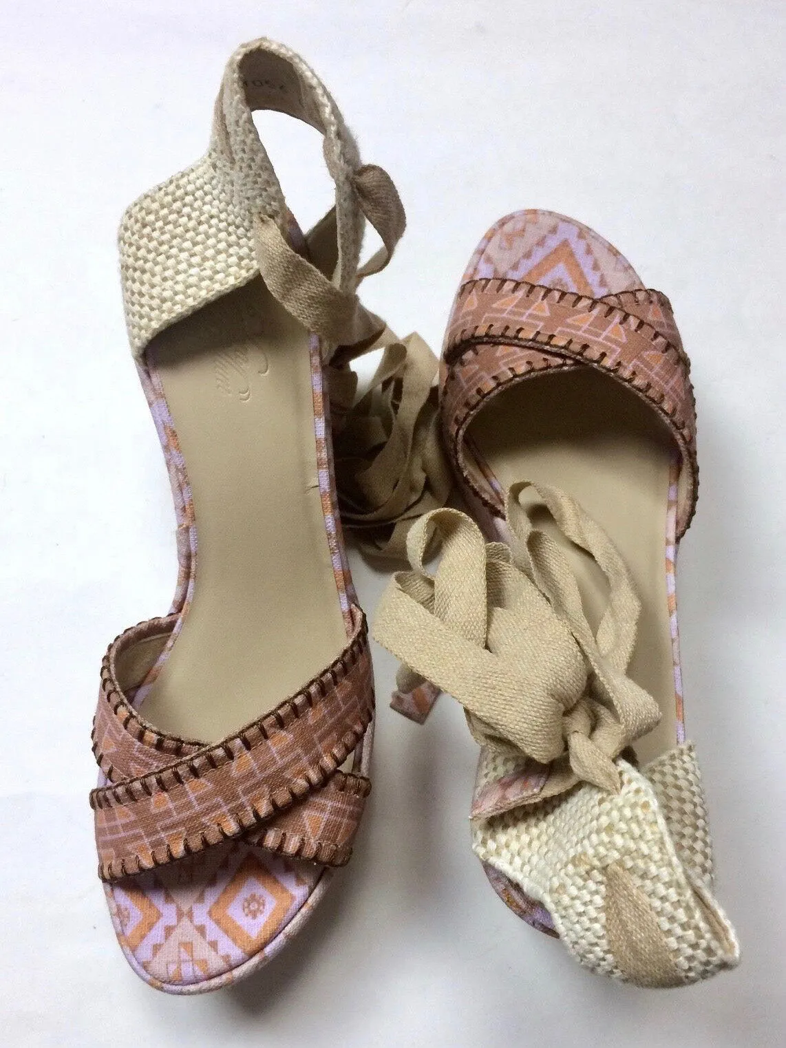 Theodora & Callum Size 40 (9/9.5) Pink & Tan Wedge Sandals NWOB