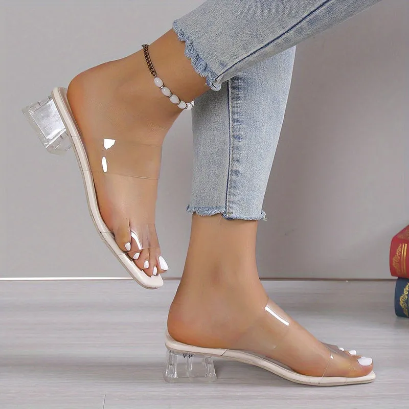 Women's Chunky Low Heels, Stylish Double Transparent Strap Pumps, Comfortable Square Toe Pumps