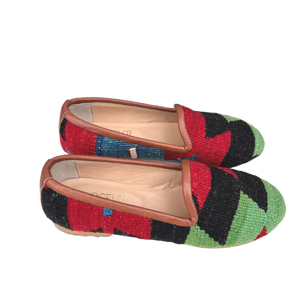 Women's Turkish Kilim Loafer | Green, Black & Red Zig Zag