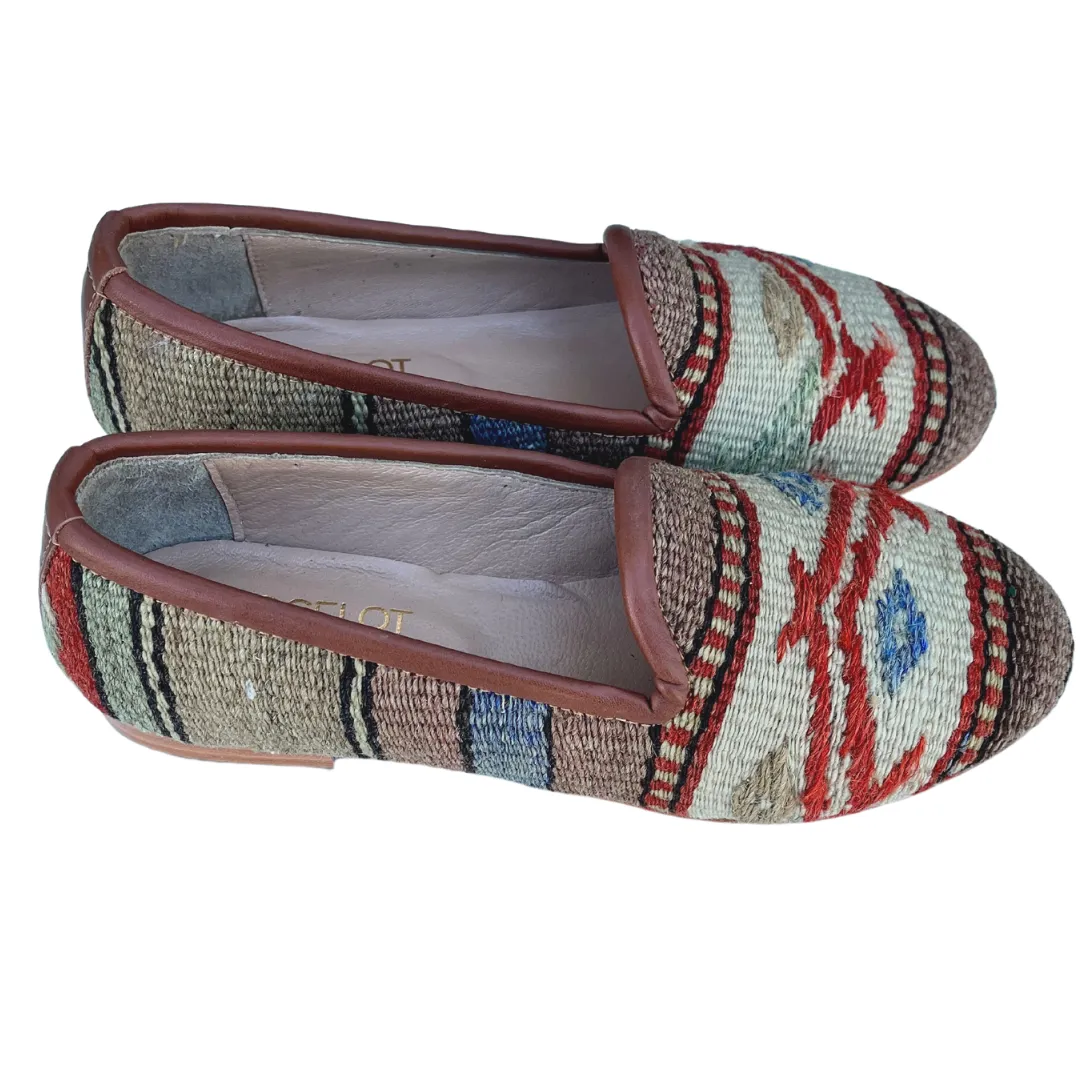 Women's Turkish Kilim Loafer Tan with Dark Orange